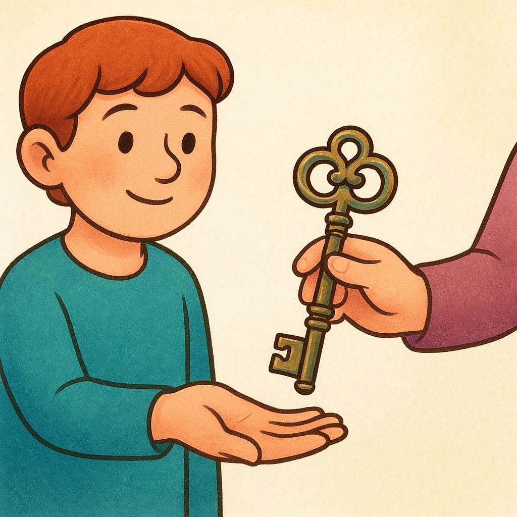 A brightly colored illustration showing one character gently handing a large, symbolic key to another character, who is smiling broadly while accepting it with an open hand, illustrating acceptance.