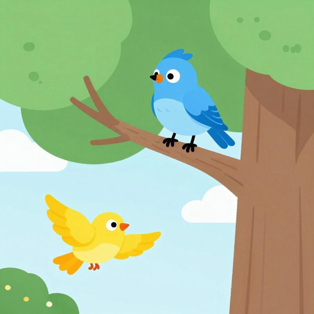 A new blue bird perched on a high branch while a yellow bird flies away.