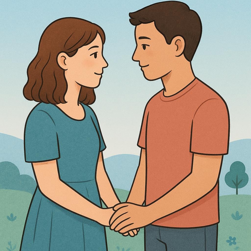 A young couple, a man and a woman, holding hands gently and gazing affectionately at each other, representing a sweetheart.
