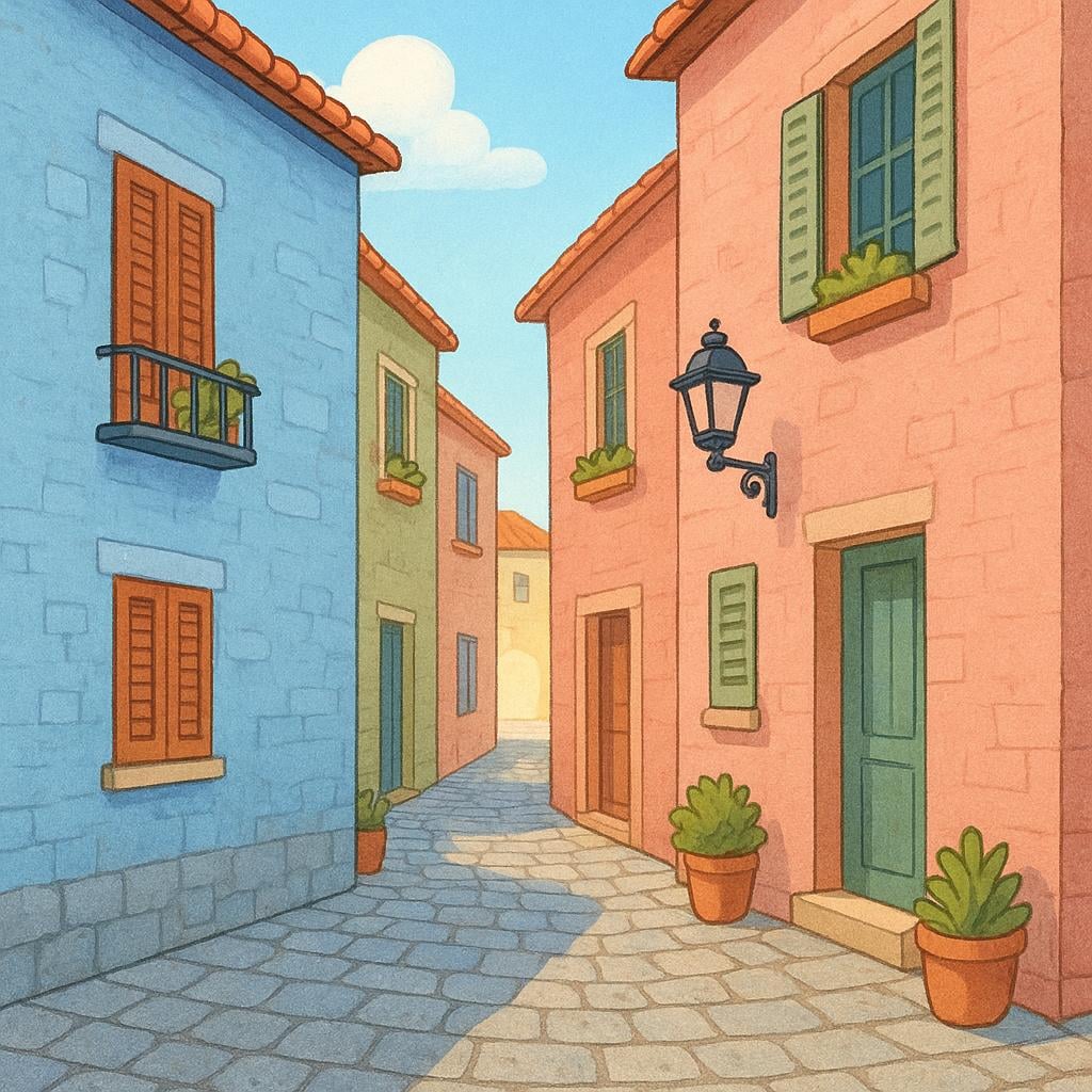 A narrow cobblestone street flanked by colorful, historic stone buildings in an old city center.