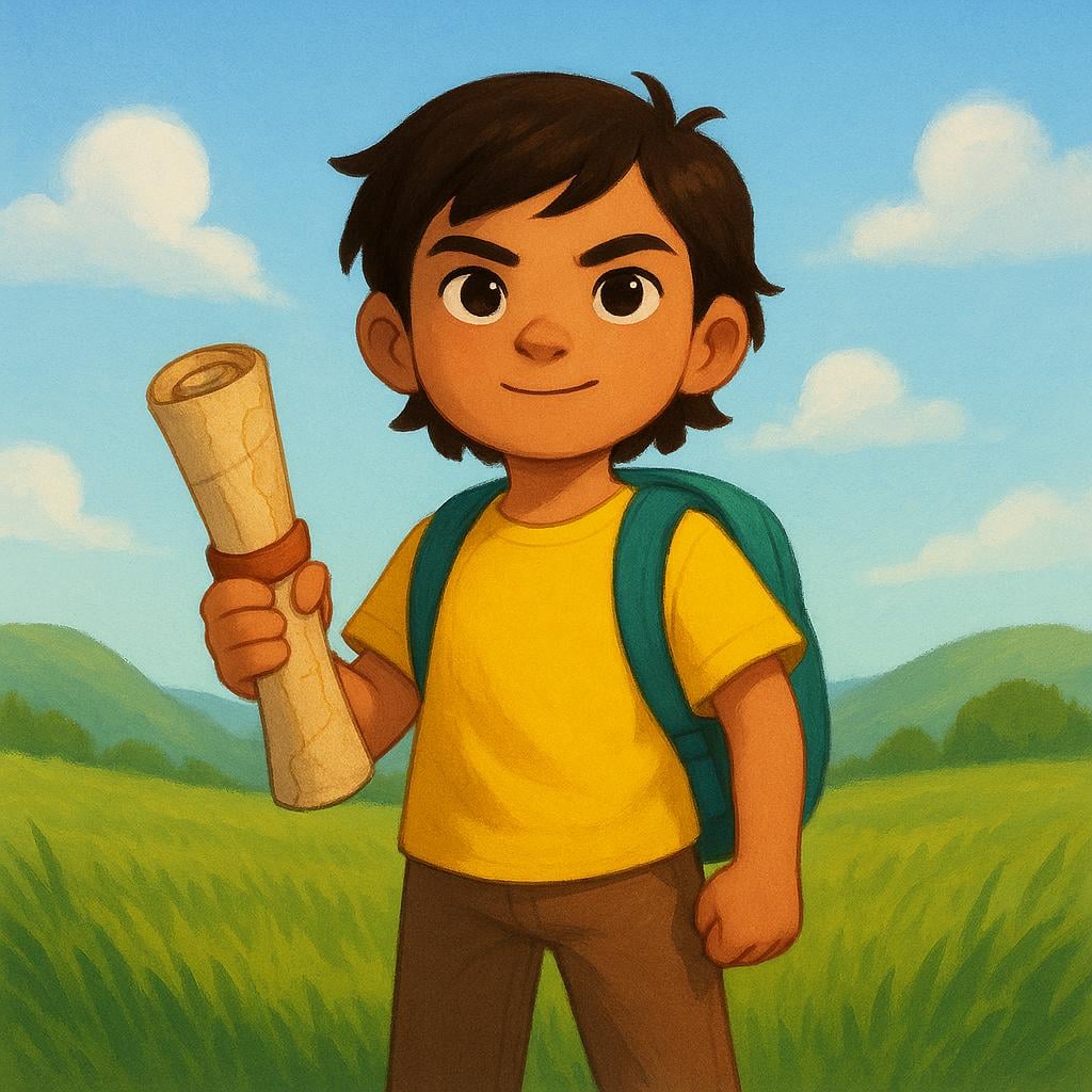 A determined young character with a backpack and bright yellow shirt stands centered in a grassy field, holding a rolled-up map, indicating they are the protagonist of a story.