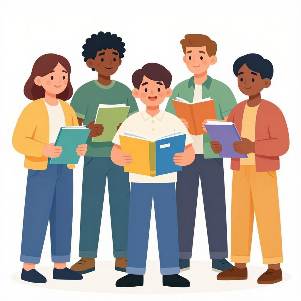 A person standing in the middle of a circle of people, handing out different colored folders to each individual.