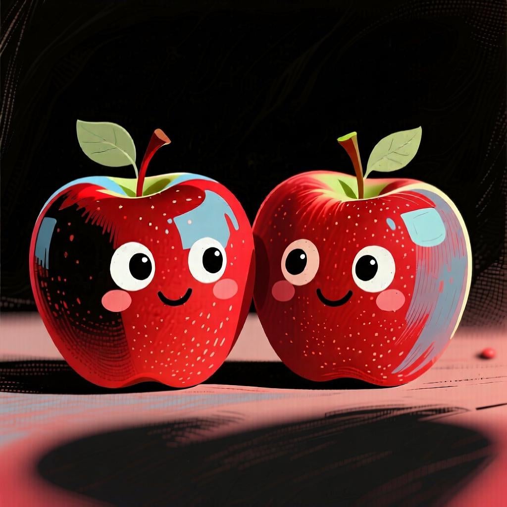 Two friendly, cartoonish apples sitting side-by-side on a dark surface.