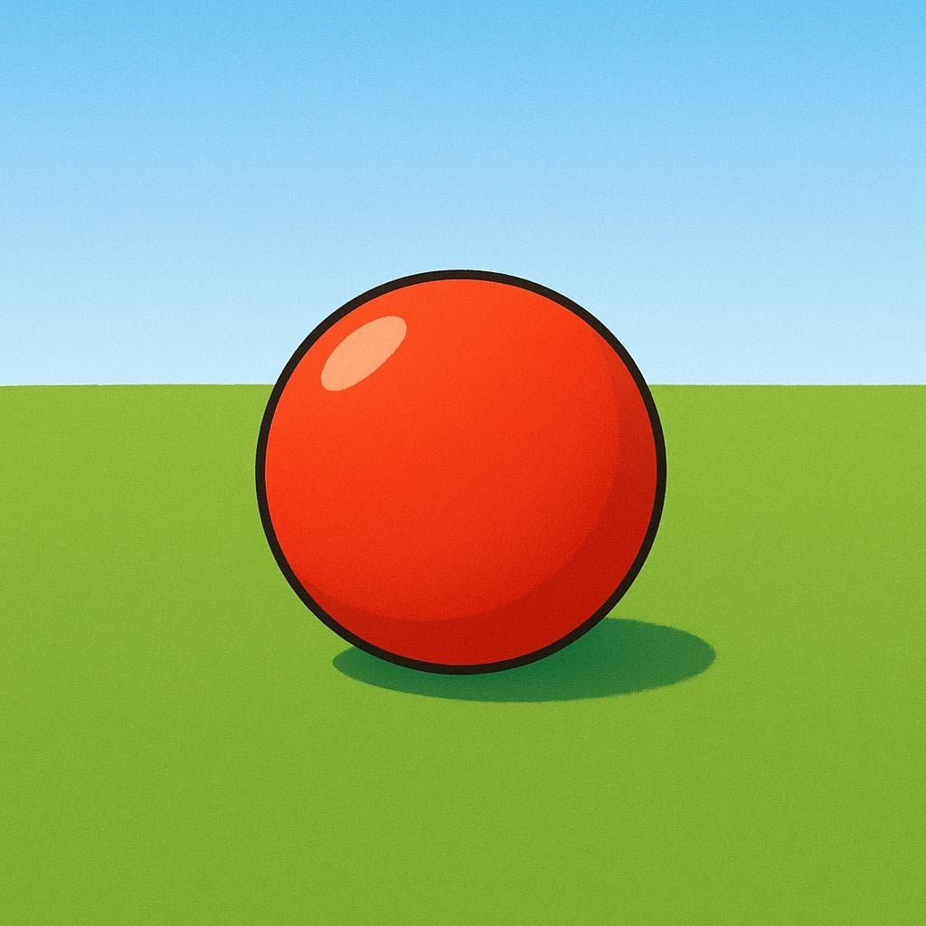 A bright red ball completely stopped and motionless on a green field.
