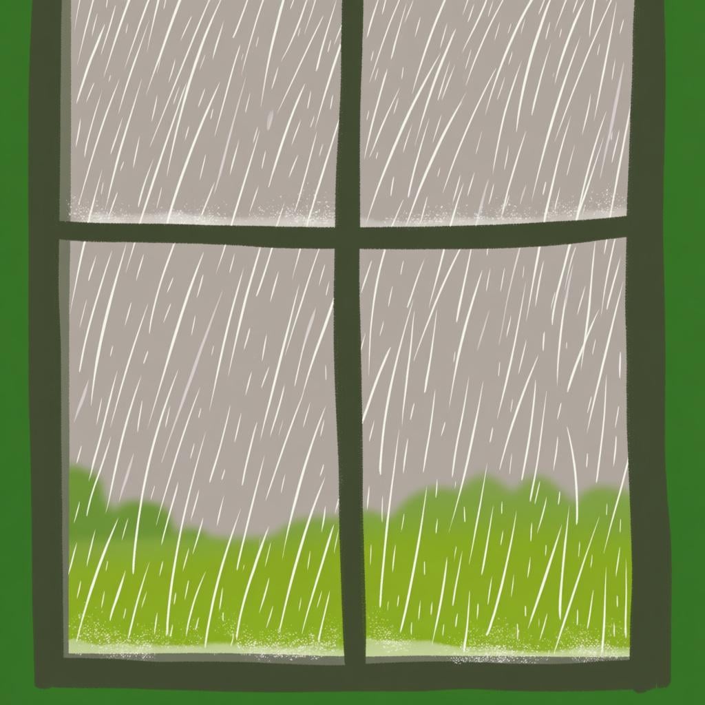 A window covered in heavy rain, symbolizing an action that continues without stopping.
