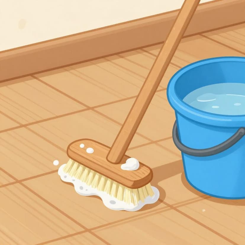 A wooden floor being scrubbed with a soapy brush and a bucket of water.