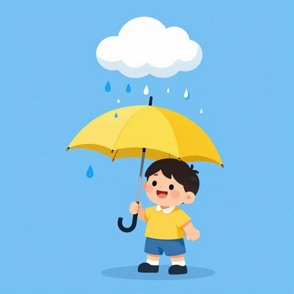 Un bambino tiene un ombrello perché piove.