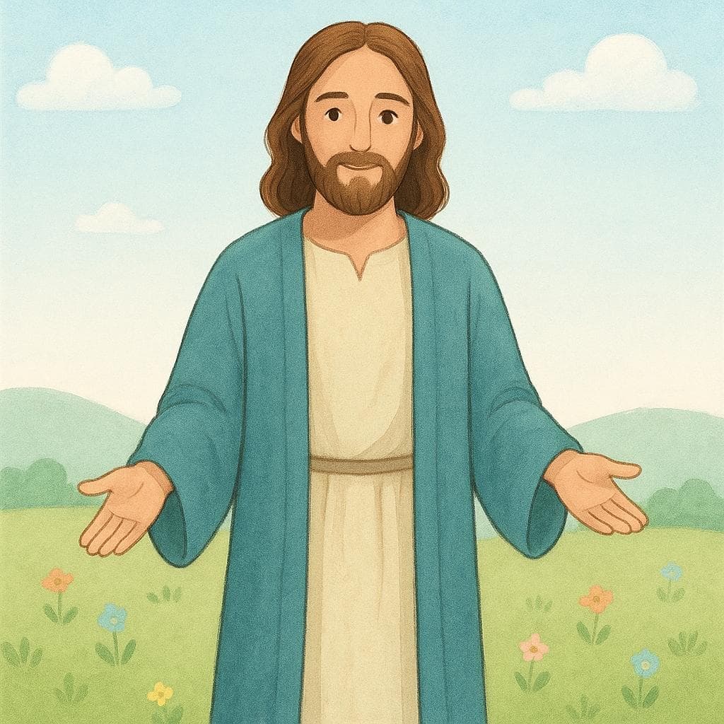 Eine farbenfrohe Bilderbuchillustration von Jesus Christus, dargestellt als ruhiger Mann mit Bart, langen Haaren und einfacher Robe, der friedlich dasteht.