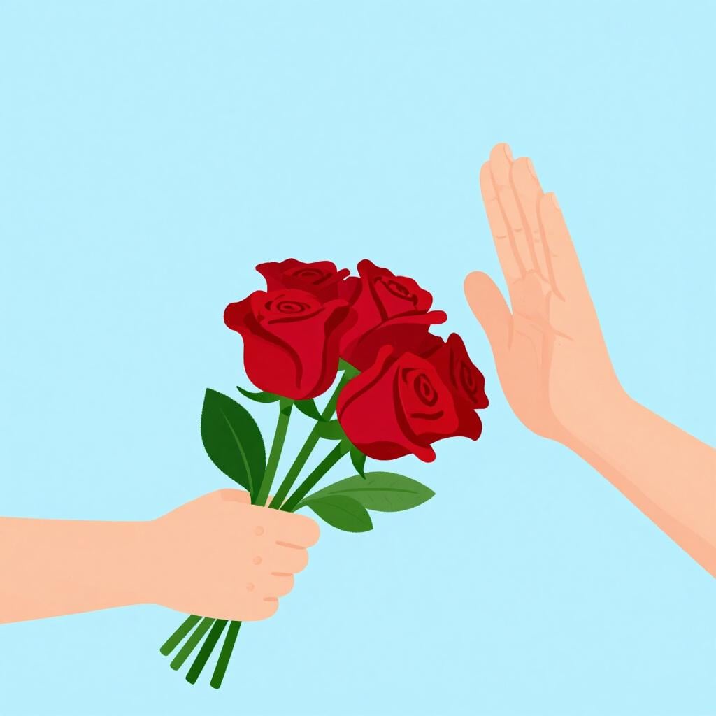 A person gently pushing away a bouquet of flowers offered by another person.