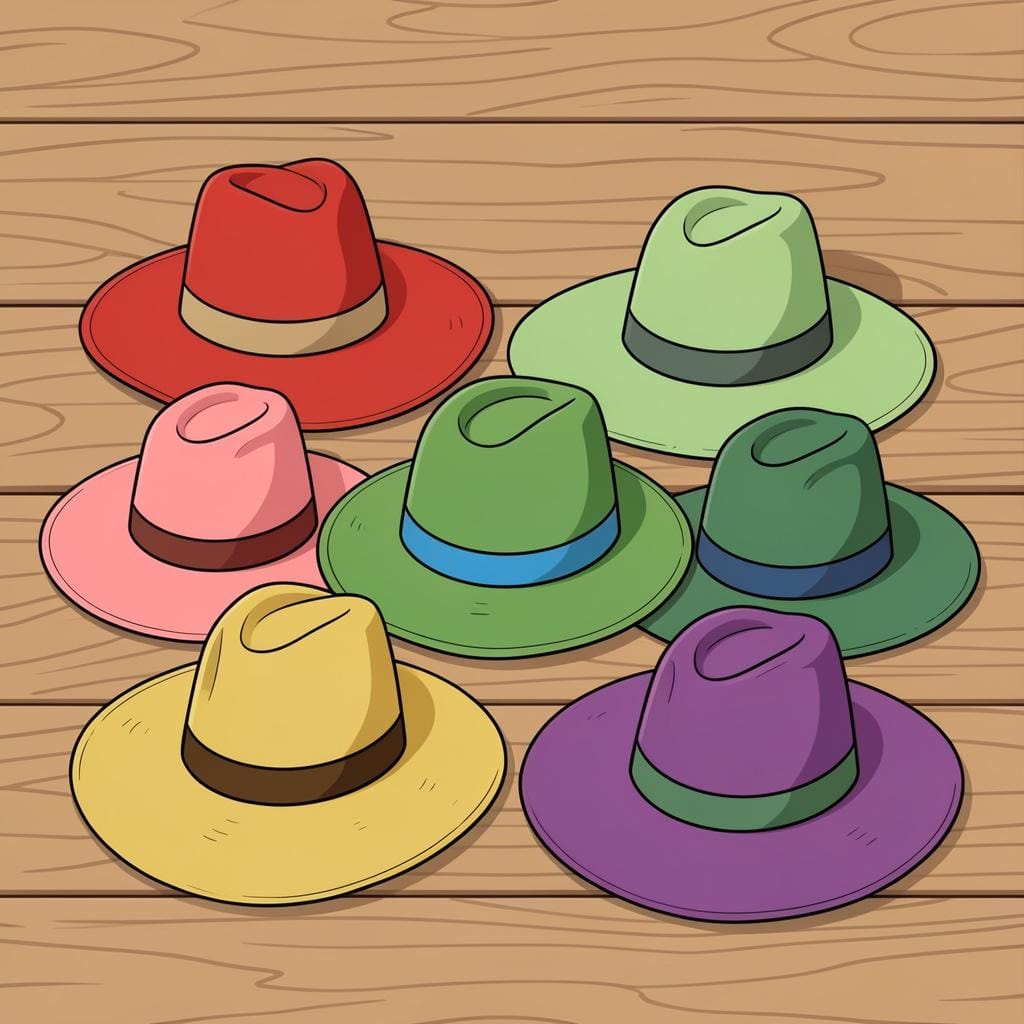 A collection of colorful hats with wide brims and tall crowns resting on a wooden table.