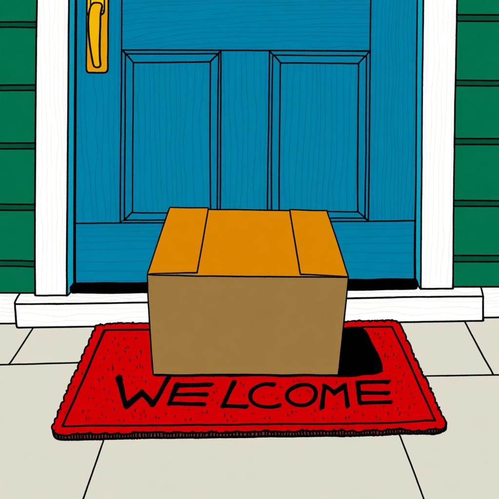A sturdy brown delivery box resting securely on a welcome mat in front of a house door, representing an 'arrived' package.