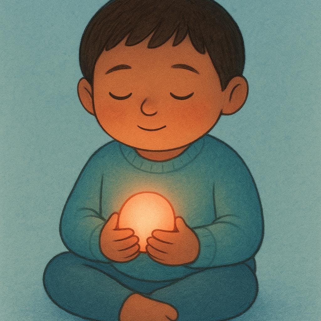 A storybook illustration of a child feeling warmth and comfort from a small, glowing object they are holding.
