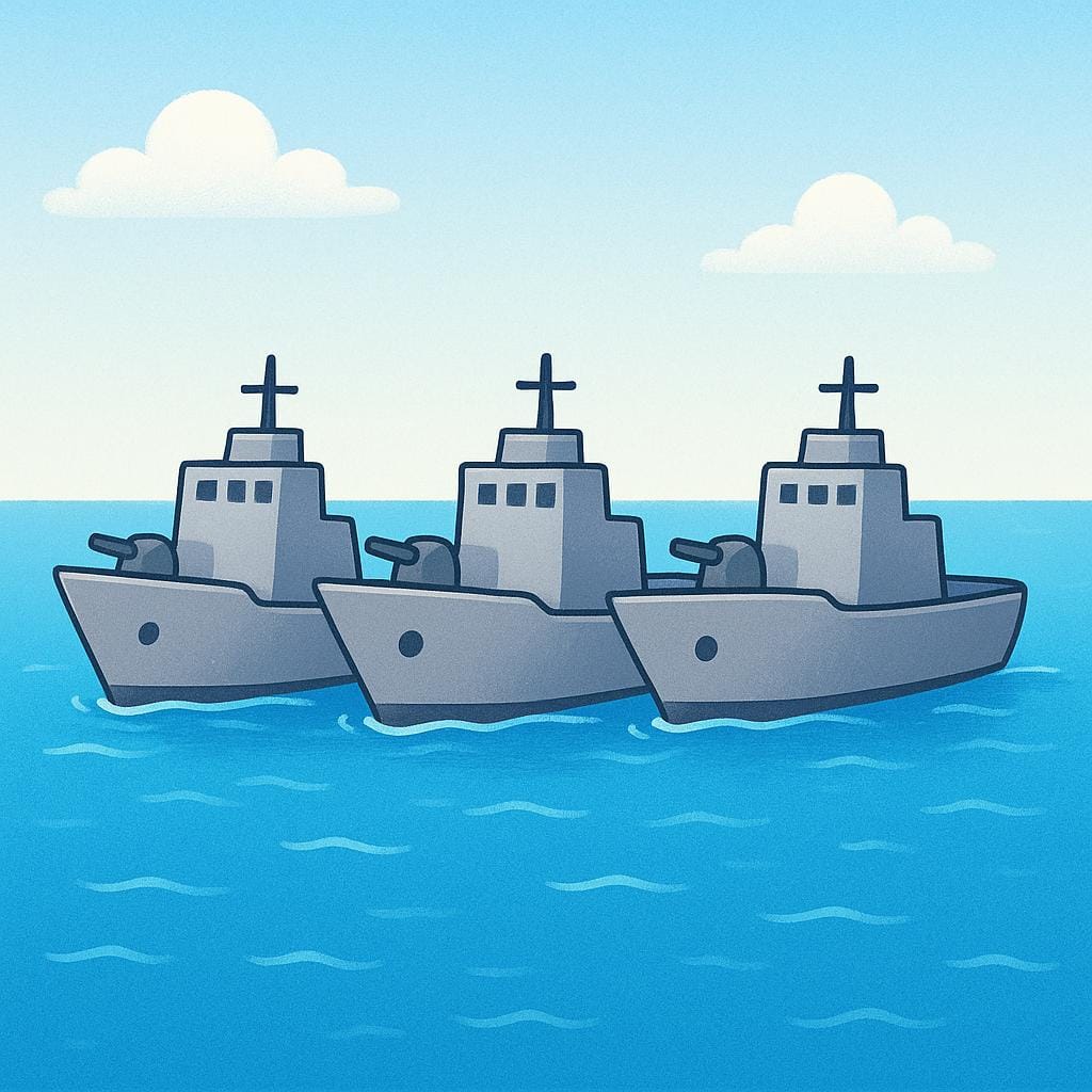 Three gray naval ships are positioned in a straight line across a blue sea horizon, preventing passage, representing a military blockade.