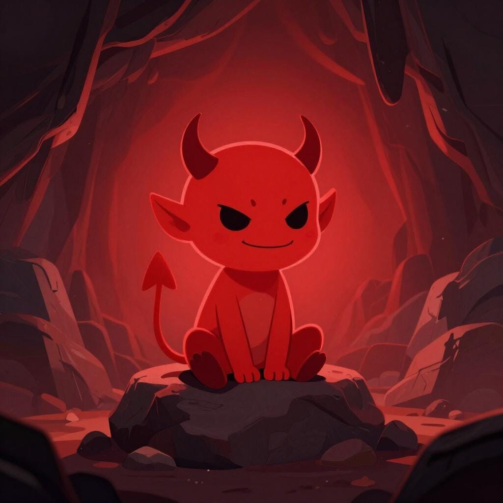 A mischievous red creature with small horns and a pointy tail, grinning mischievously in a dark cave.