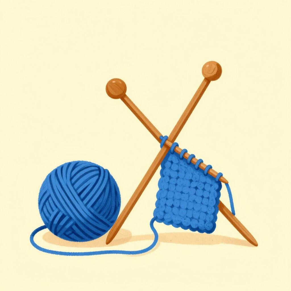 A pair of wooden knitting needles with colorful yarn being woven into a small piece of fabric.