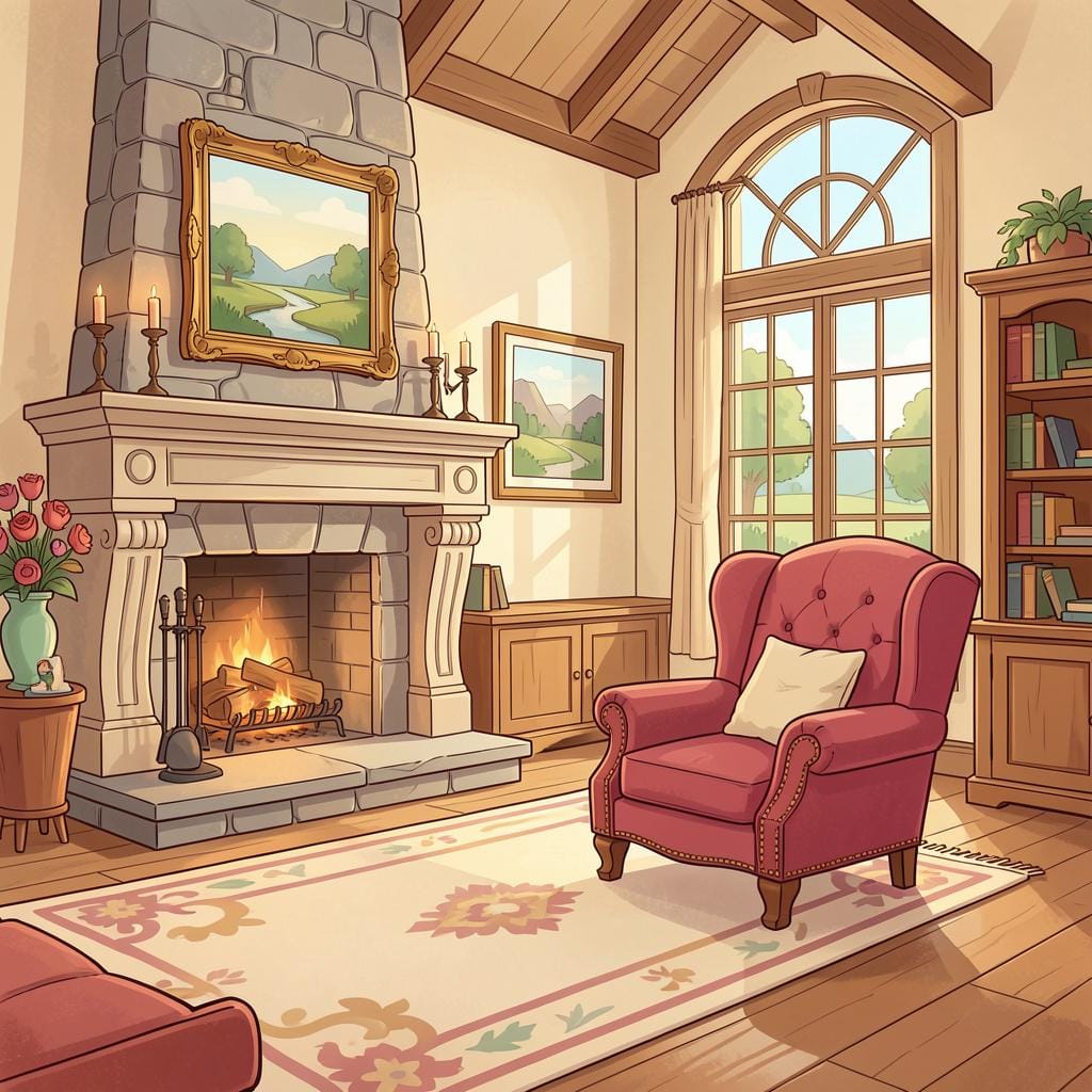 A grand room in a mansion with a large fireplace, a comfortable armchair, and a rug.