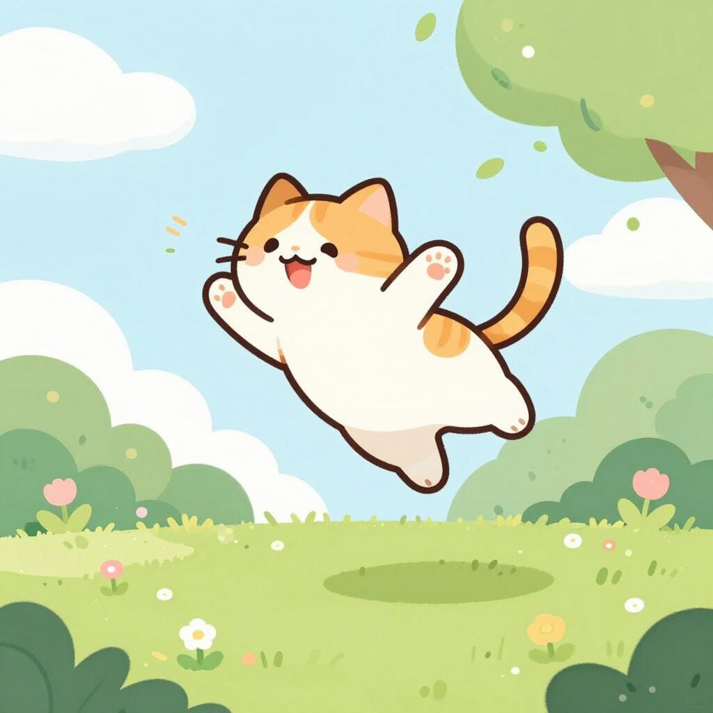 Une illustration colorée de livre d'histoires d'un chat qui court après sa propre queue dans un élan soudain et joueur.