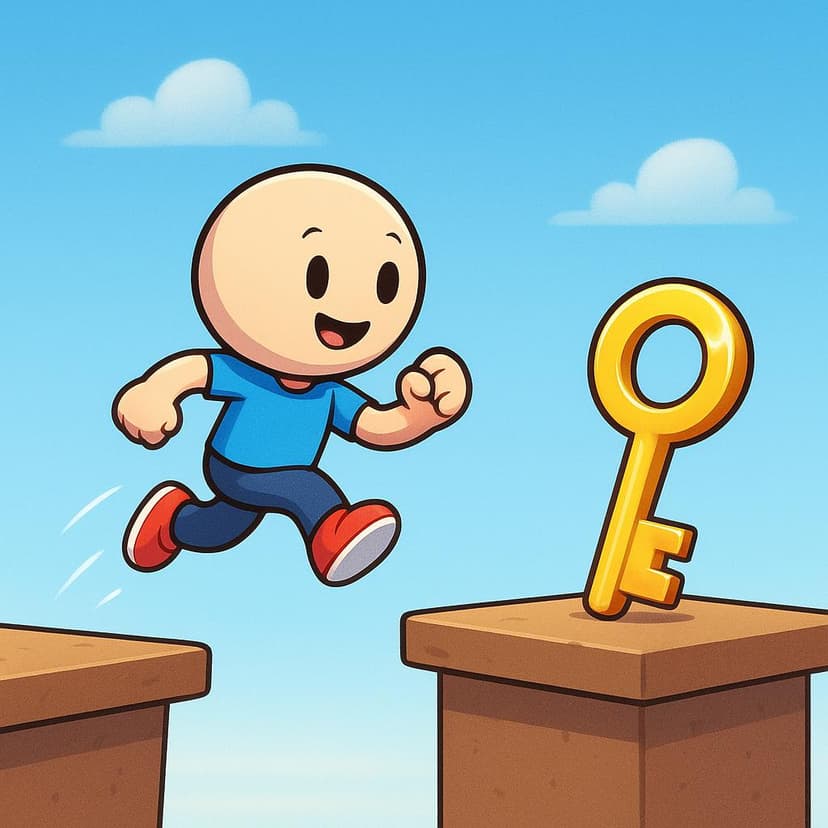 A determined cartoon character successfully leaps across a small chasm to grab a large golden key resting on a ledge, illustrating seizing an opportunity.