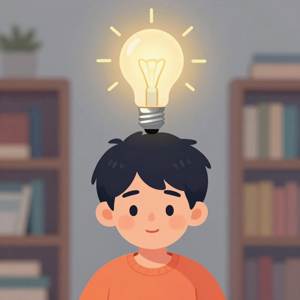 A focused young person sitting at a desk, surrounded by brightly glowing, interconnected spheres representing ideas.