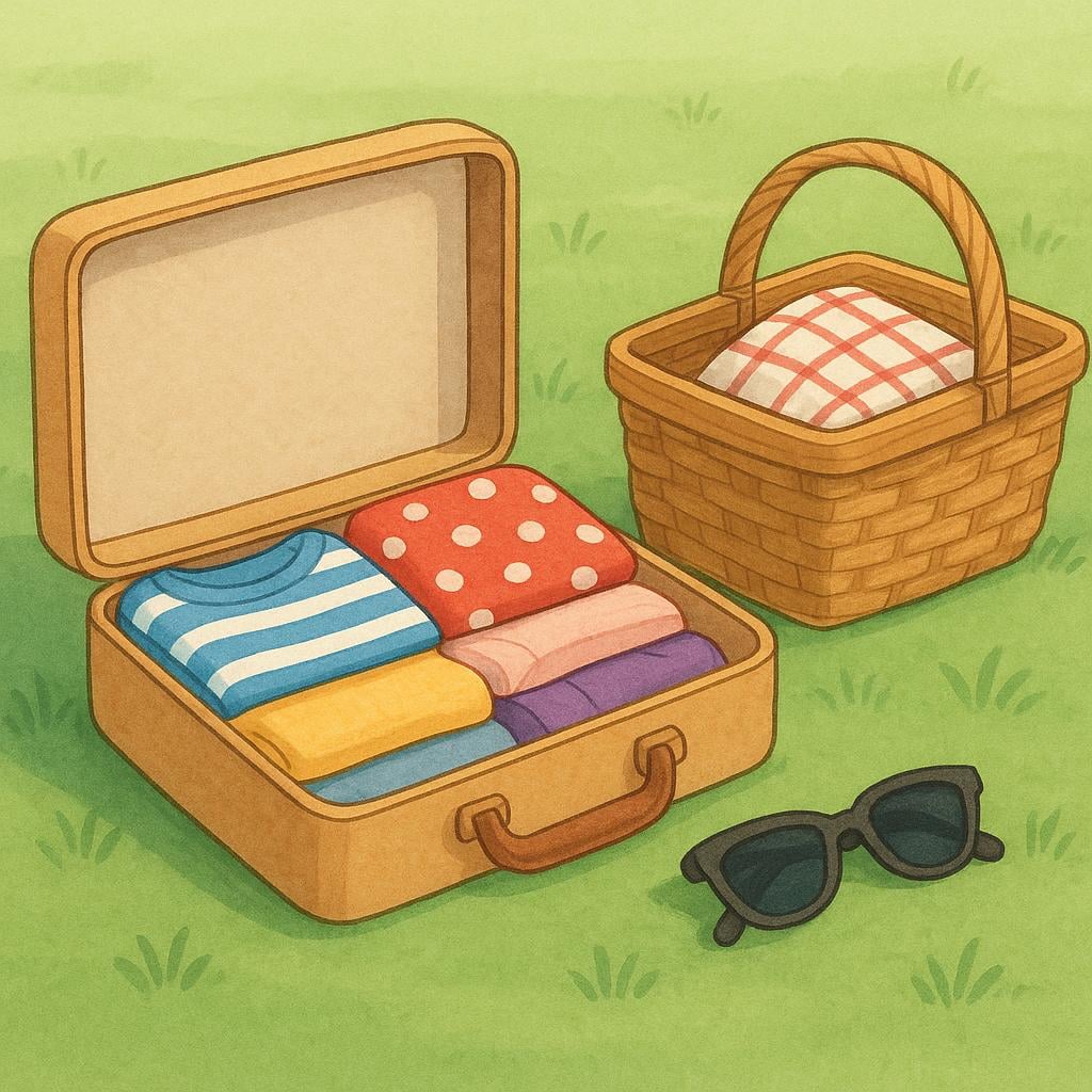 A small, open suitcase filled with colorful clothes sits next to a picnic basket and a pair of sunglasses on a green lawn, suggesting an extended holiday break.