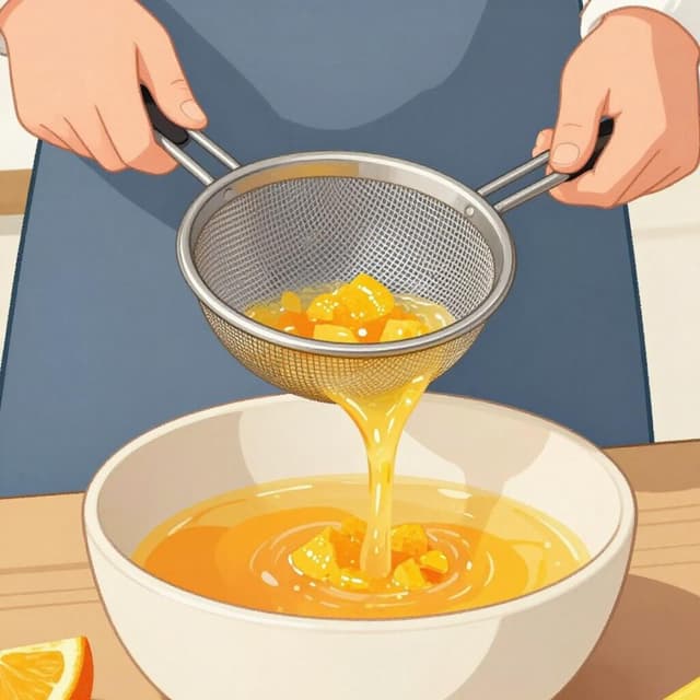 A person pouring liquid through a mesh strainer into a bowl.