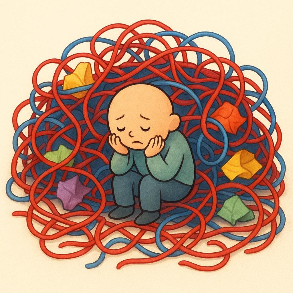 A small, distressed figure sitting in the middle of a huge, tangled pile of colorful strings and papers, symbolizing a complicated matter or mess.