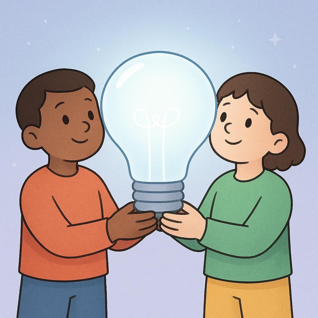 A storybook illustration showing two friendly, cartoon-like figures standing side-by-side, collaboratively holding a large, glowing, slightly translucent lightbulb. They look hopeful.