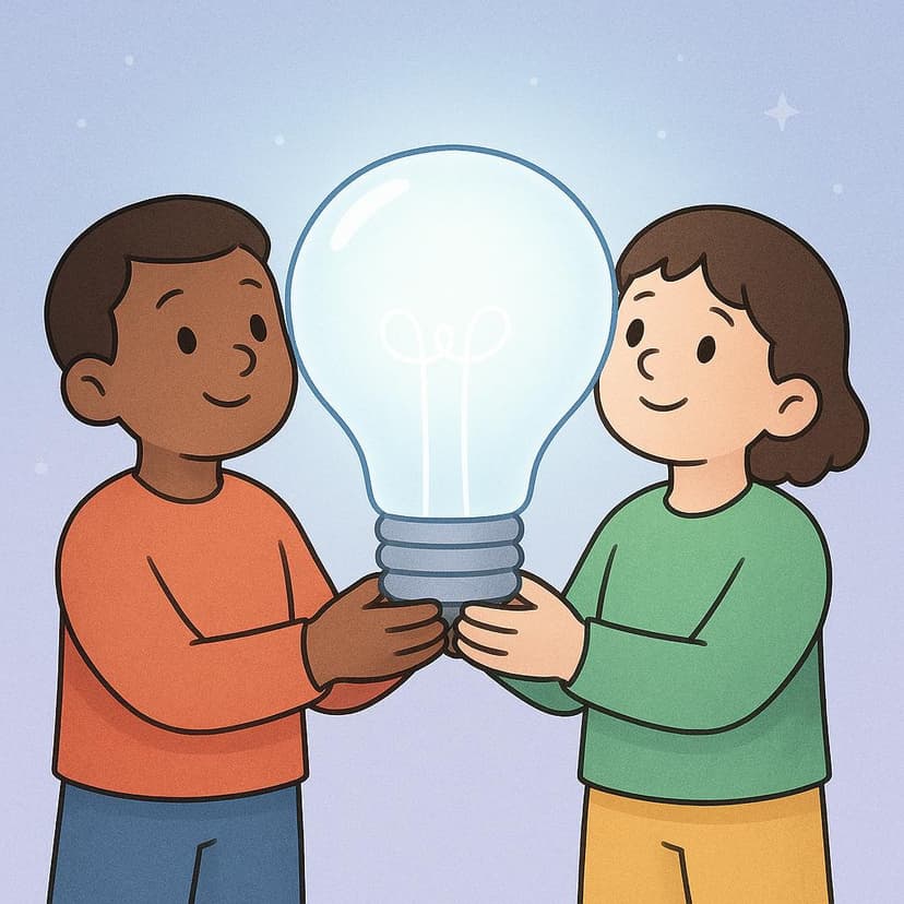 A storybook illustration showing two friendly, cartoon-like figures standing side-by-side, collaboratively holding a large, glowing, slightly translucent lightbulb. They look hopeful.