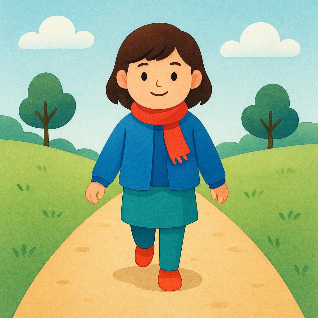 A brightly colored illustration of a stylized person walking along a simple, winding path that leads directly toward the viewer, symbolizing arrival or movement towards a point.