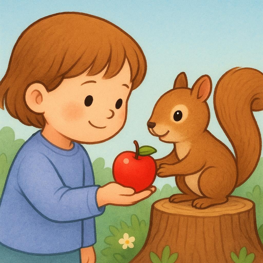 A storybook illustration showing a child offering an apple to a friendly, smiling squirrel, symbolizing kindness.