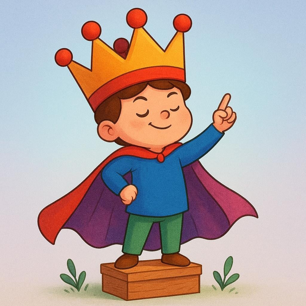 A cartoonishly small person standing on a tiny wooden box, wearing an enormous, brightly colored crown and cape, puffing out their chest and pointing a finger upward boastfully.