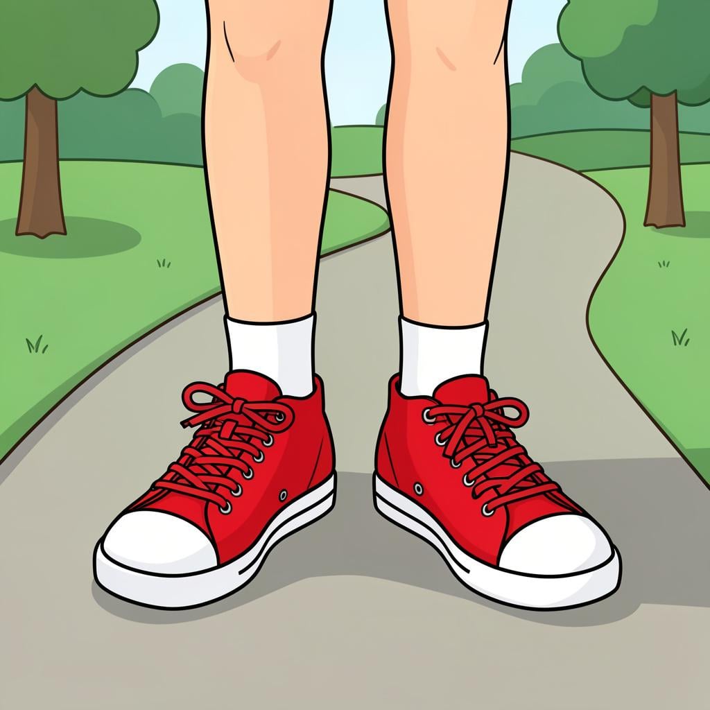 A person wearing a pair of bright red sneakers on their feet.