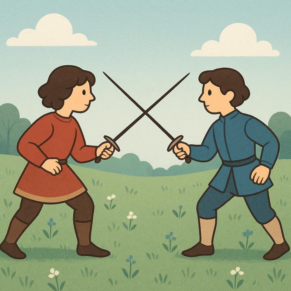 Two stylized figures in simple historical attire facing each other in an outdoor clearing, holding thin swords crossed in front of them, engaging in a formal duel.