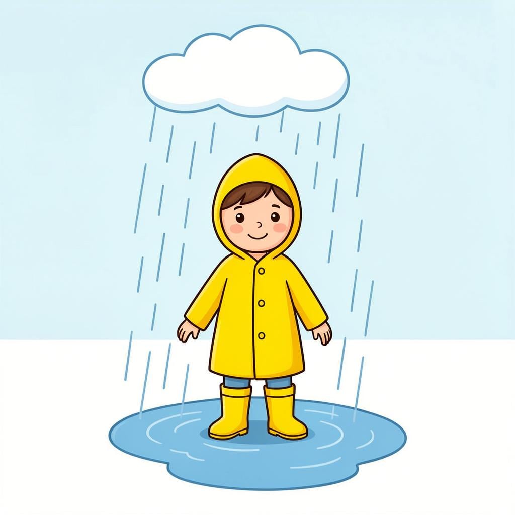 A child wearing a bright yellow raincoat and matching rain boots, standing happily in a rain puddle under a gray cloud.