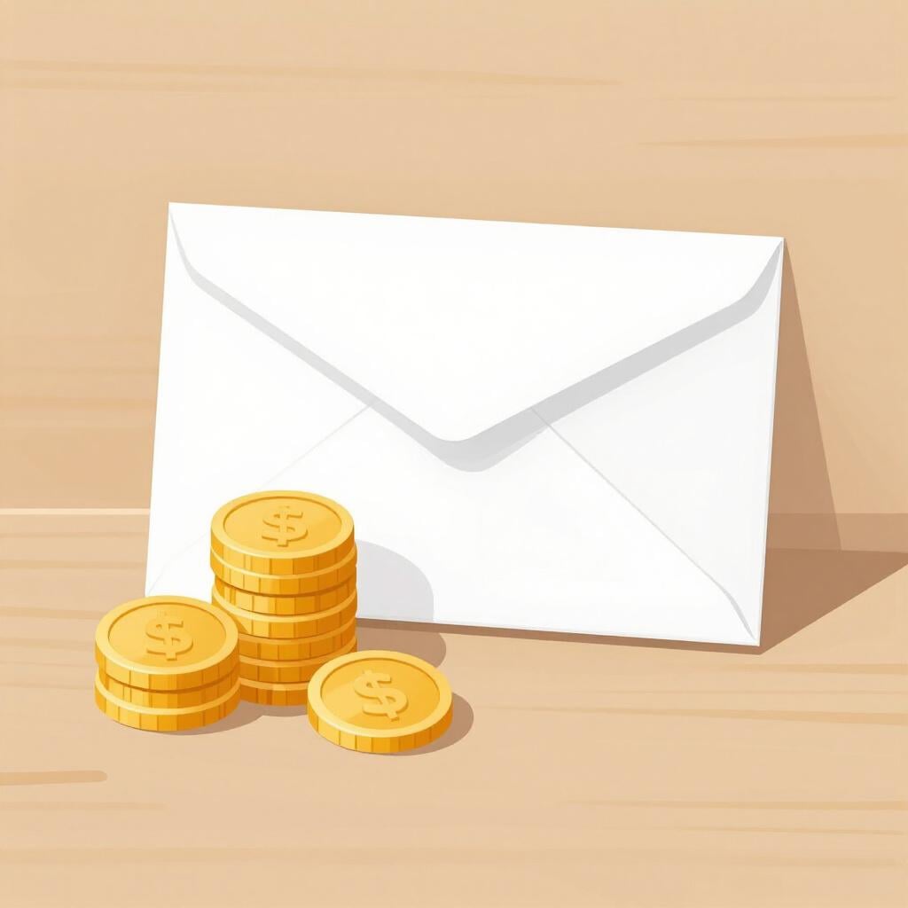 Een kleurrijke illustratie uit een prentenboek van een kleine stapel gouden munten en een verzegelde envelop op een houten tafel.