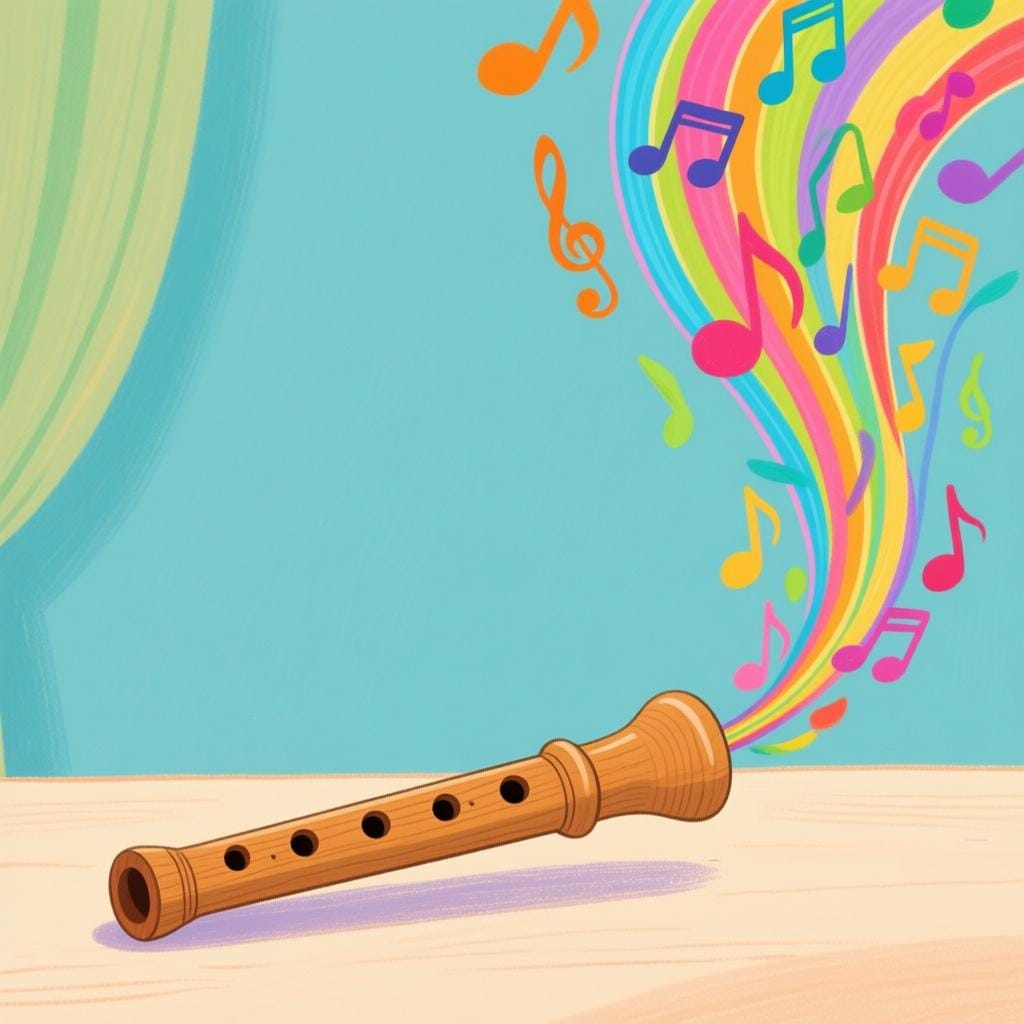 A simple wooden flute resting on a surface, from which a vibrant, continuous stream of colorful, stylized musical notes flows upwards, representing a melody.