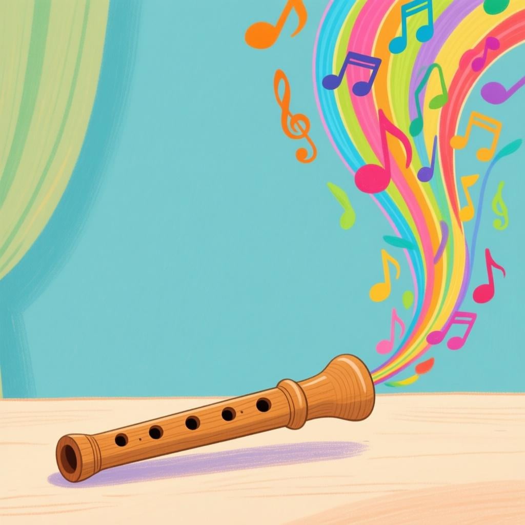 A simple wooden flute resting on a surface, from which a vibrant, continuous stream of colorful, stylized musical notes flows upwards, representing a melody.