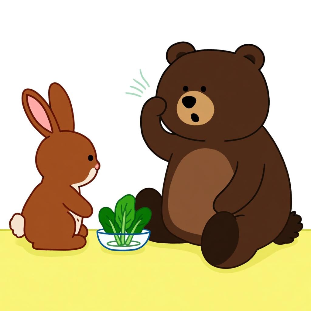 A storybook illustration of a rabbit and a bear both refusing to eat a bowl of spinach, symbolizing negative agreement ('neither').
