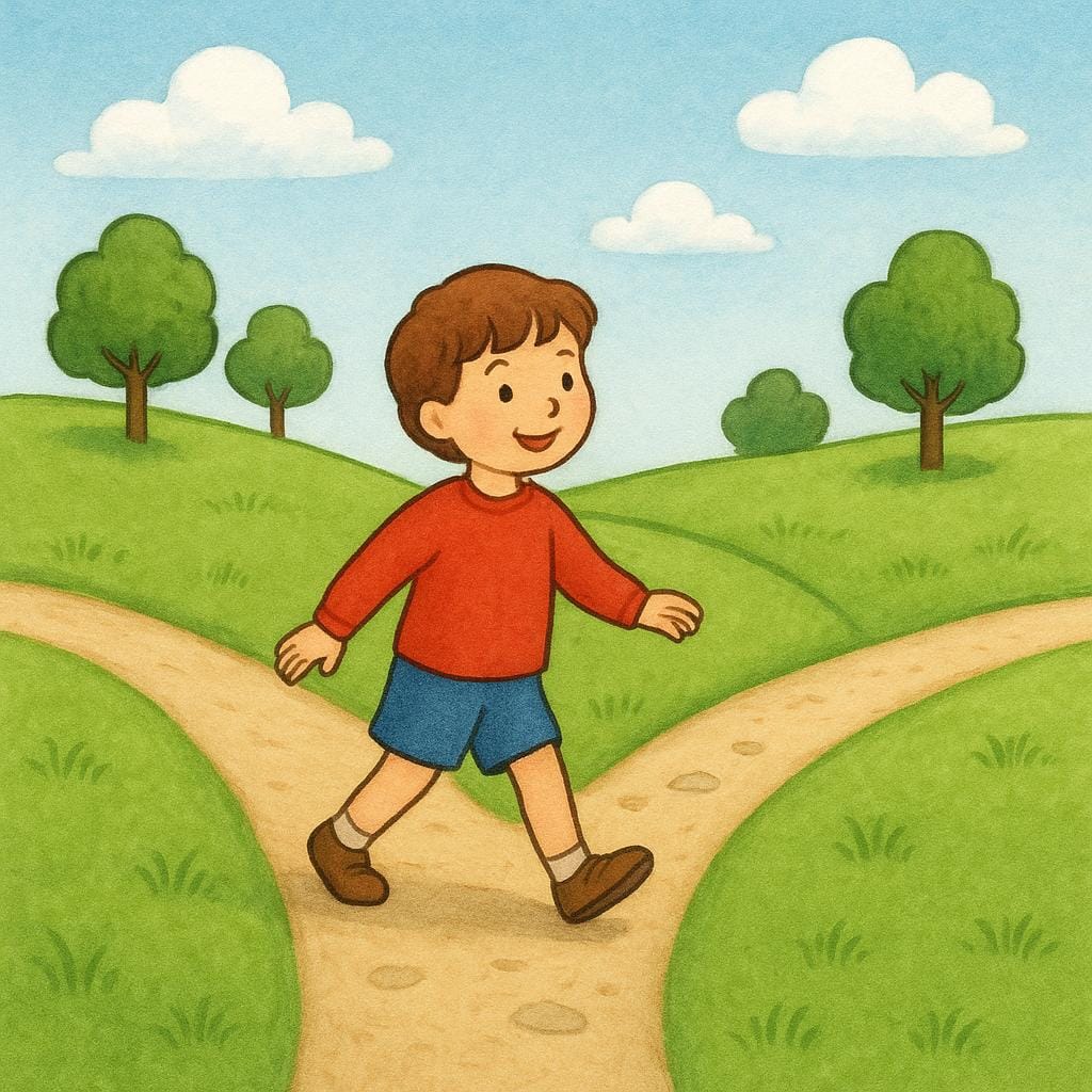 Uma criança pequena está em uma bifurcação de uma estrada, apontando confiantemente para um dos caminhos, significando que uma escolha foi feita.