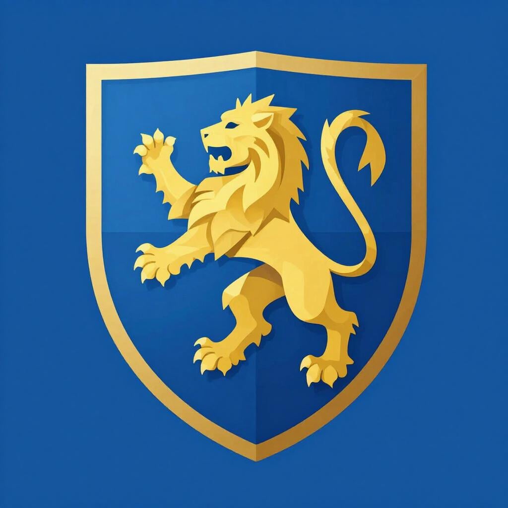 A vibrant shield with a golden lion standing proudly in the center.