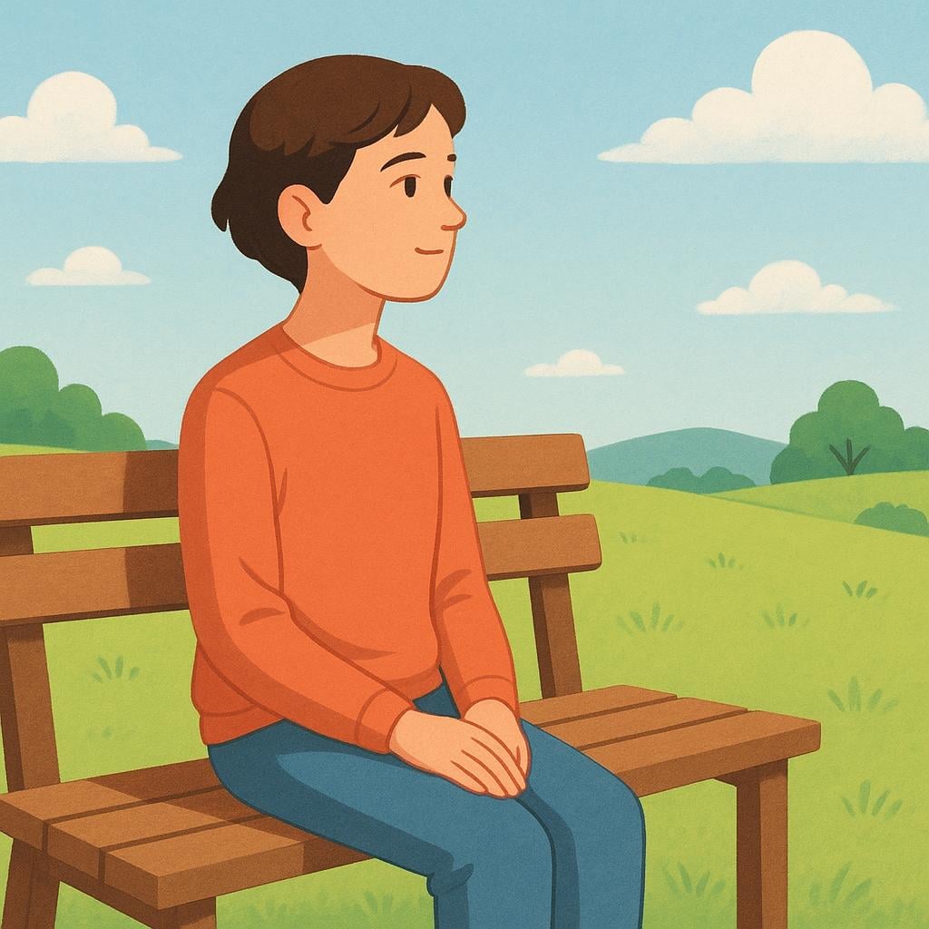 A person sitting calmly on a bench in a bright, peaceful park, gazing toward the sunny horizon with an expression of quiet anticipation and hope.