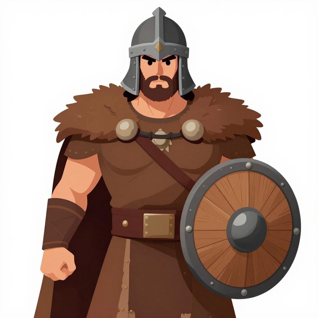 A historical warrior wearing a fur cape and a simple helmet, holding a wooden shield.