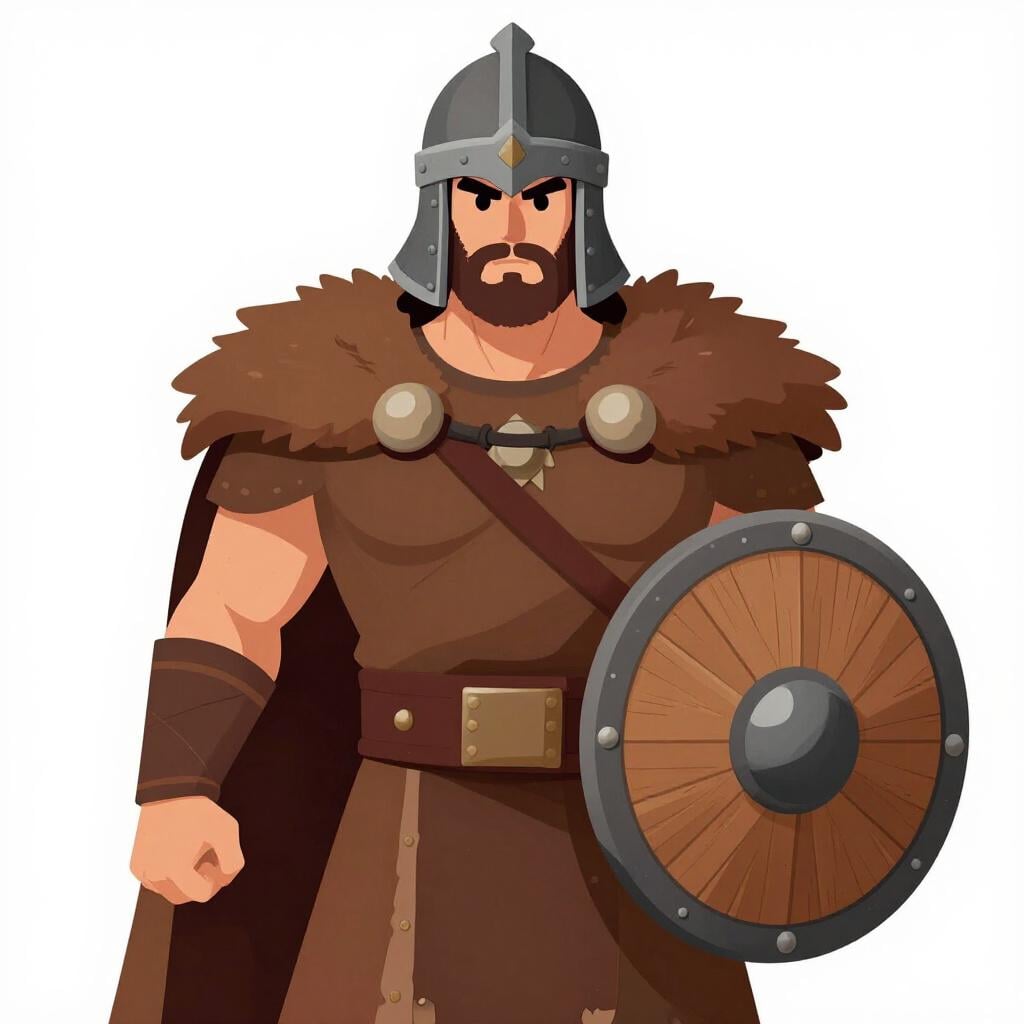 A historical warrior wearing a fur cape and a simple helmet, holding a wooden shield.