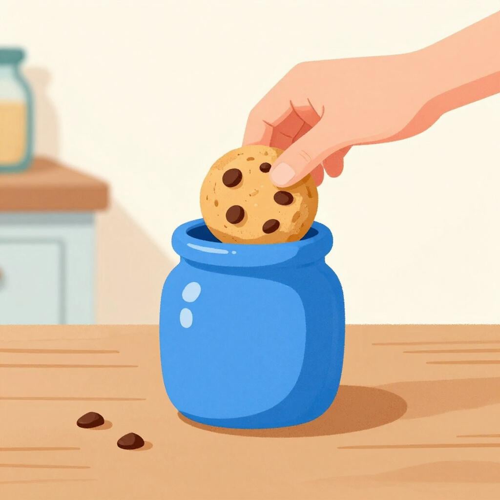 Un enfant plaçant un seul biscuit dans un petit pot coloré pour le garder pour plus tard.