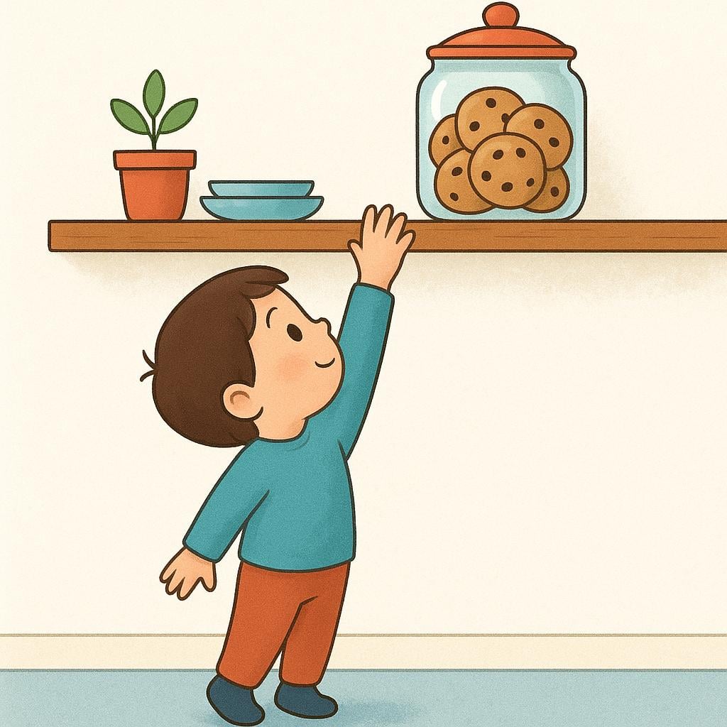 A small child reaching for a cookie jar on a high shelf but their hand is just a few inches short.
