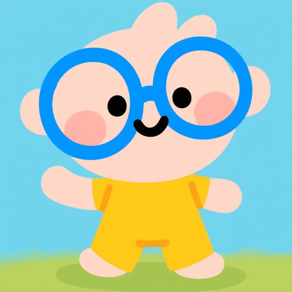 A simple cartoon character with large, round blue glasses on their face, illustrating the act of wearing an accessory.