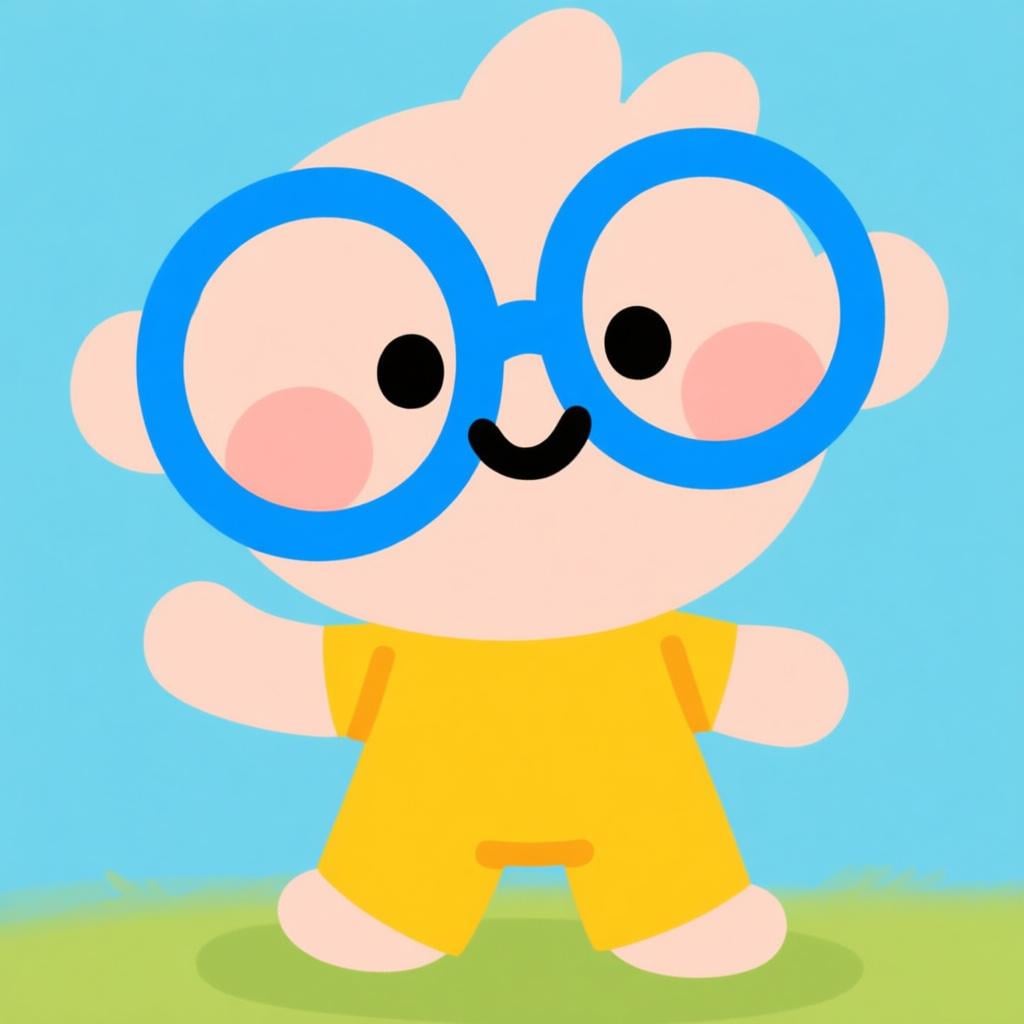 A simple cartoon character with large, round blue glasses on their face, illustrating the act of wearing an accessory.