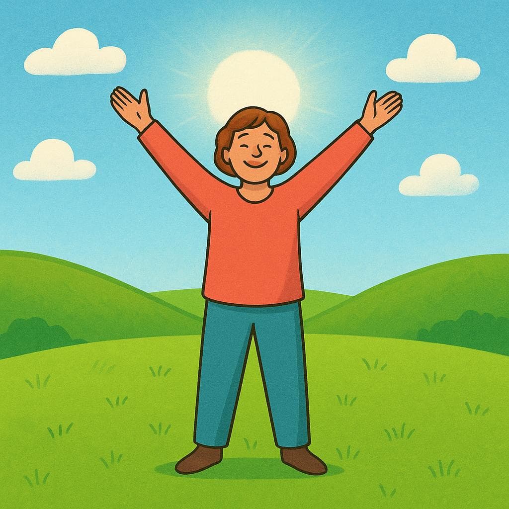 Une personne heureuse debout à l'extérieur dans un champ ensoleillé, les bras levés dans un geste de bien-être, symbolisant la santé retrouvée.