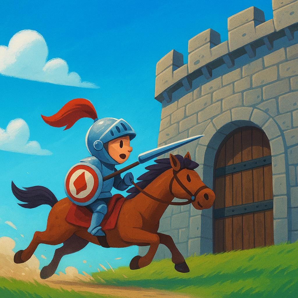 A knight charging towards a tall stone castle wall, illustrating a military attack or assault.