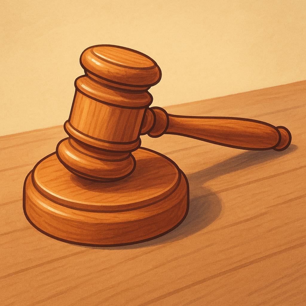 A wooden judge's gavel resting firmly on a circular wooden sound block, symbolizing the finalization of a legal decision.